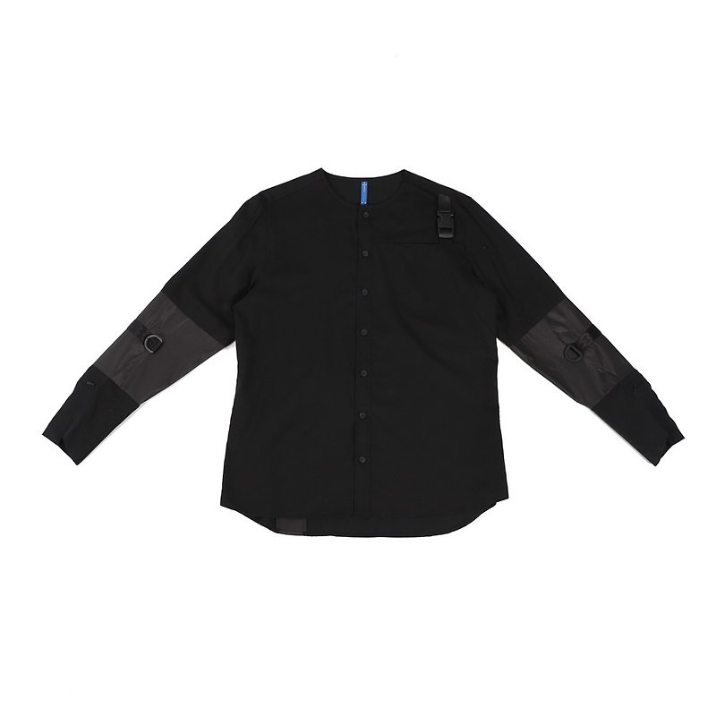 Collarless Pocket Cartoon Shirt (Black) - เสื้อเชิ้ตผู้ชาย - วัสดุอีโค สีดำ