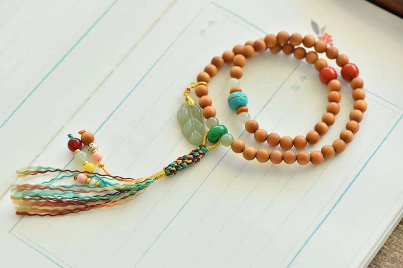 原生老山檀 和田玉晴水玉葉設計多圈手串手持f - 手鍊/手環 - 木頭 咖啡色