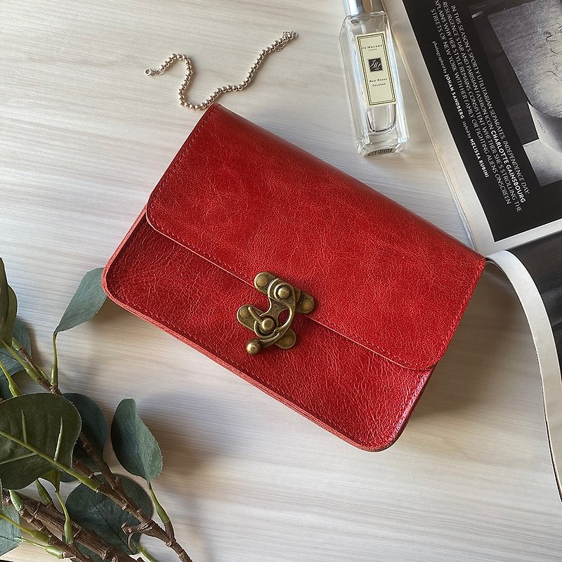 Erica Plain Square Bag - กระเป๋าแมสเซนเจอร์ - หนังแท้ สีแดง