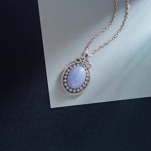 A Jewelry 藍紋瑪瑙 5月生日石 純銀 項鍊 浪漫鑲邊