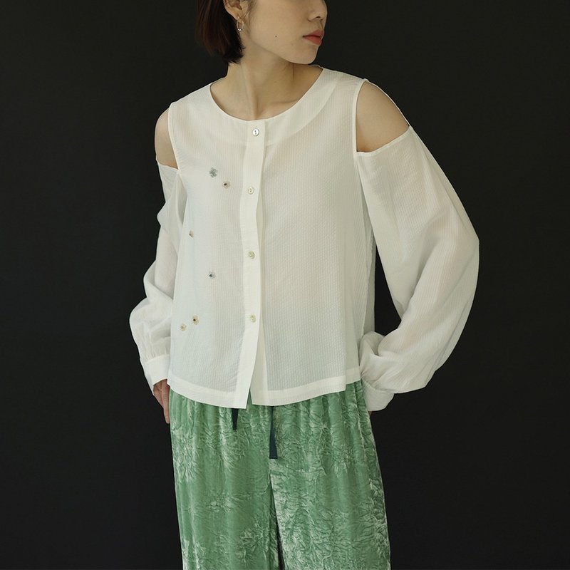 手工釘珠漏肩短上衣 真絲圓領長袖純色 - 女上衣/長袖上衣 - 絲．絹 白色