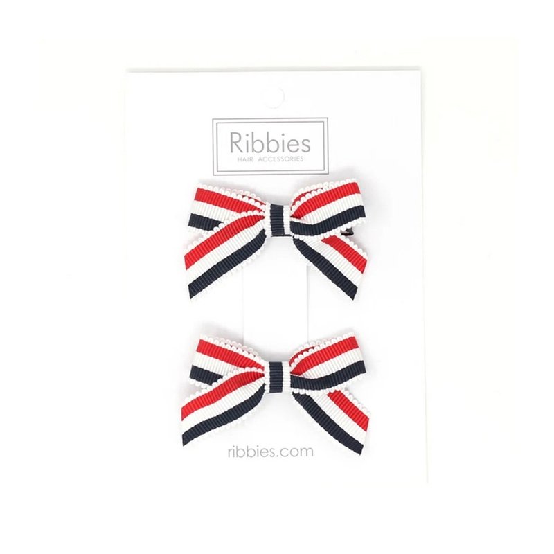 英國Ribbies經典蝴蝶結2入組-紅白藍條紋 - 髮夾/髮圈 - 聚酯纖維 