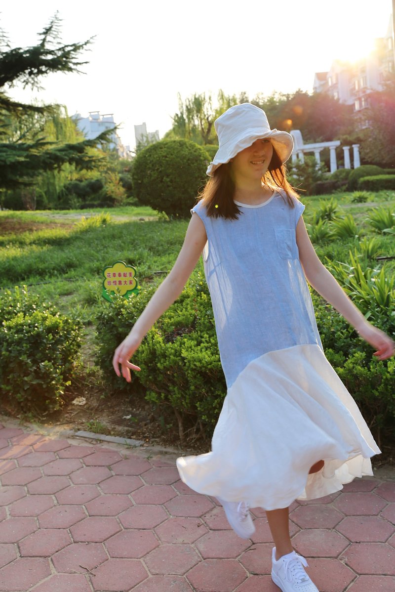 藍歌飛鳥 色織純亞麻 藍白拼色洋裝 微寬鬆 - 洋裝/連身裙 - 棉．麻 藍色