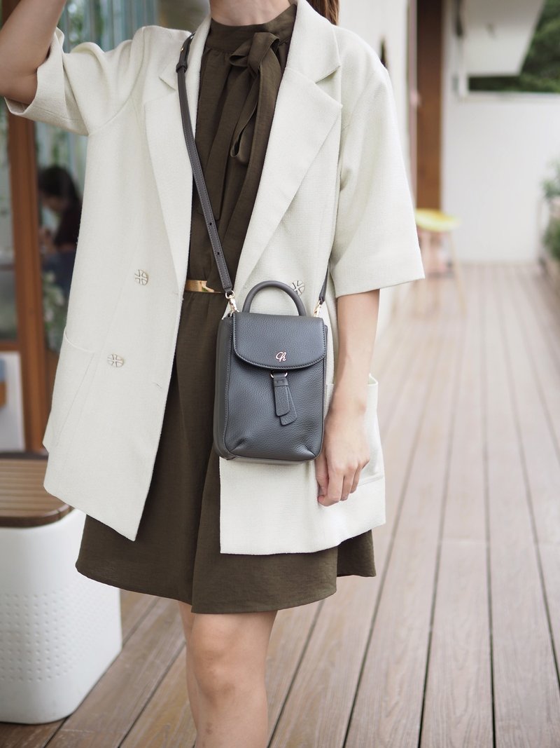 Hopper (Stone) : Crossbody bag, Cow Leather wallet, soft leather, Dark grey - 手提包/手提袋 - 真皮 灰色