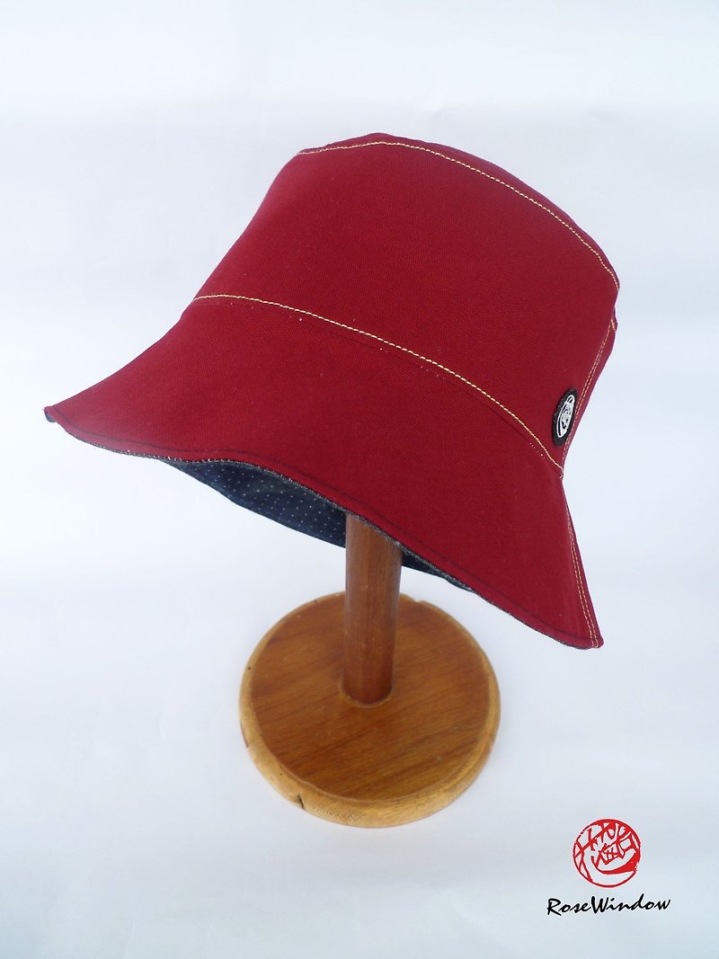 花窗台 - 棗紅X藍牛仔點點  手工獨創漁夫帽 - 帽子 - 棉．麻 紅色