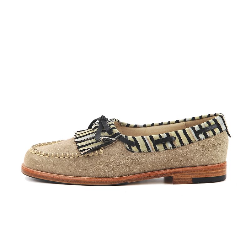 StripeLine W1060 Beige leather loafers - รองเท้าอ็อกฟอร์ดผู้หญิง - หนังแท้ สีกากี