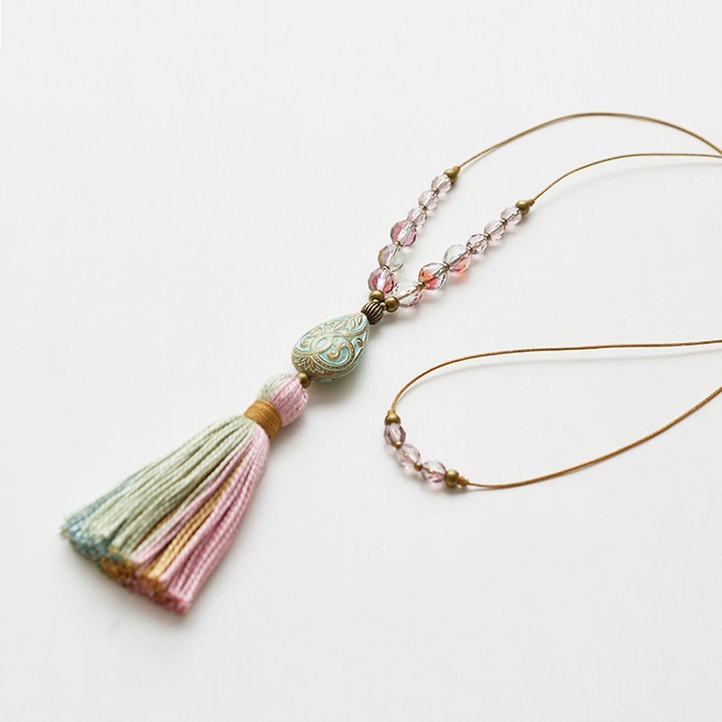 Tassel Necklace/pink - 項鍊 - 棉．麻 粉紅色