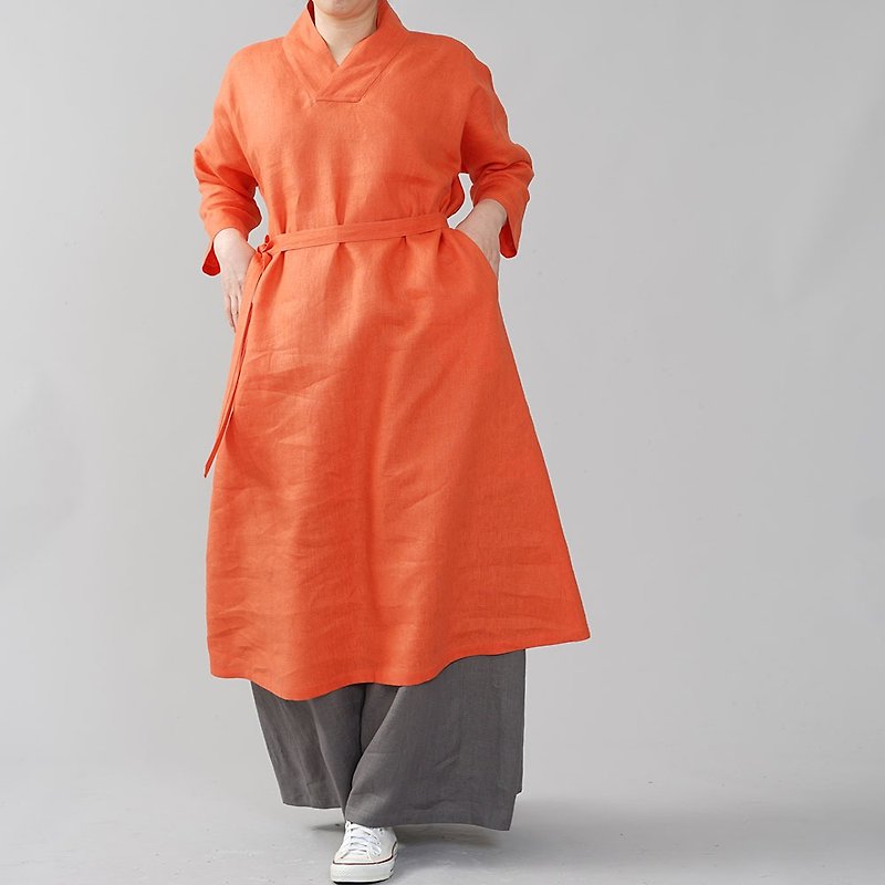 wafu - 中厚 リネン ワンピース 着物襟 ドルマンスリーブ ドレス 和装 リネン100% 九分袖 Aライン / バーミリオン a084a-vmi2 - ワンピース - フラックス オレンジ