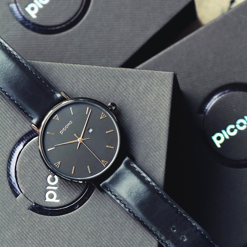 【PICONO】Amour 系列黑色真皮手錶 / BU-8301 - 男裝錶/中性錶 - 不鏽鋼 黑色