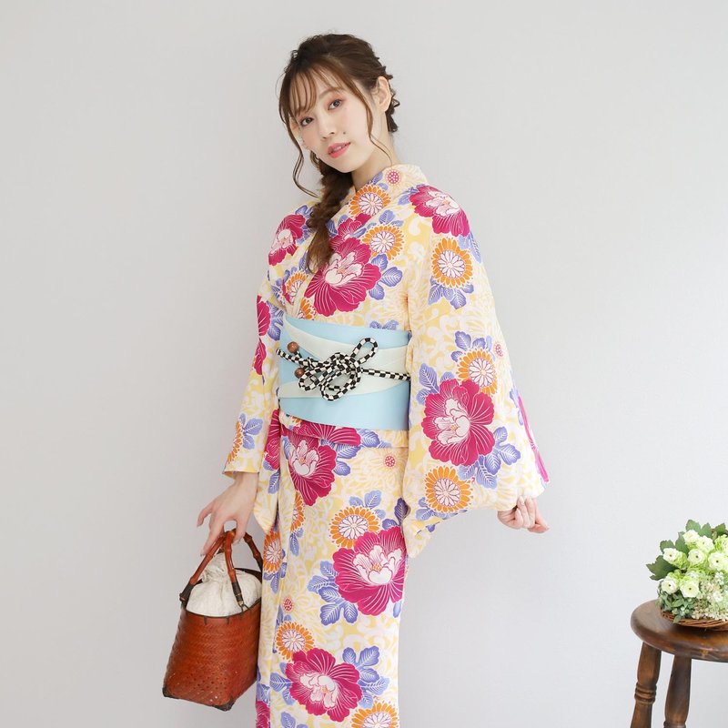 日本 和服 聚酯纖維 梭織 女性 浴衣 腰封 2件組 F x81-105b - 其他 - 其他人造纖維 黃色