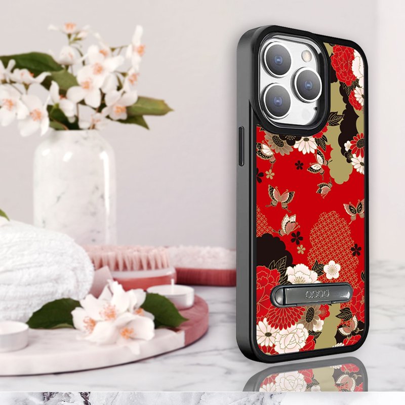 iPhone15 14 series military-standard anti-fall aluminum alloy lens frame stand phone case-Ukiyoe Peony and Butterfly - Phone Cases - Other Materials Multicolor