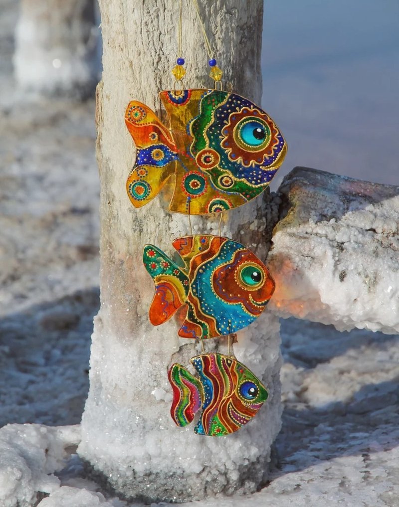 Colorful Glass Fish Wall Panel Painted Art Hanging Home Decor Big Suncatcher - 壁貼/牆壁裝飾 - 玻璃 多色