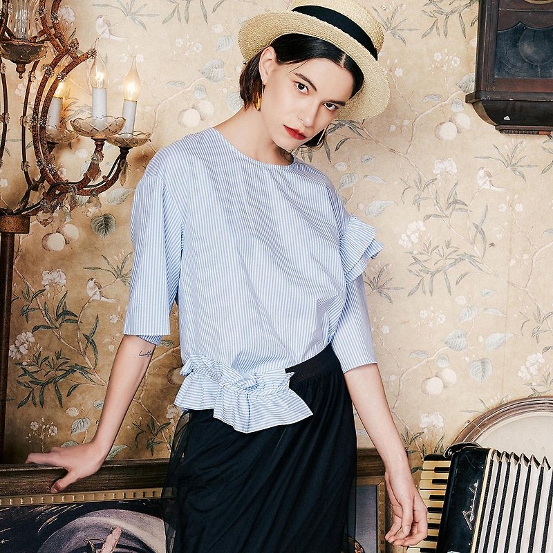 Annie Chen 2018 summer new literary women's split-striped shirt - Women's Tops - Cotton & Hemp Multicolor