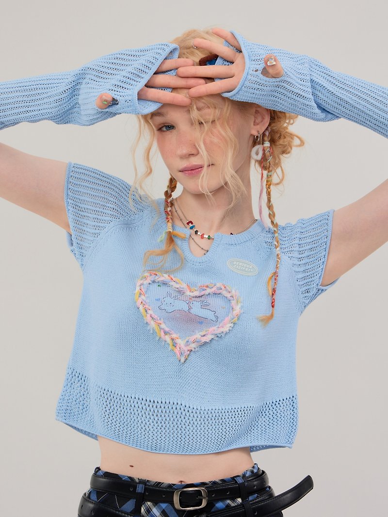 ziziFei夏美式復古短款鏤空長袖愛心兔子短袖帶袖套上衣針織T恤女 - 毛衣/針織衫 - 其他材質 藍色