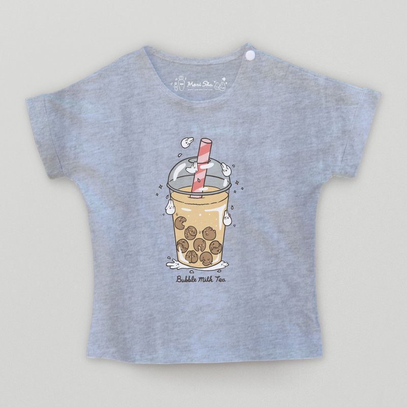 Kid-Mochi Rabbit Pearl Milk Tea Kids T-shirt (grey) - เสื้อยืด - ผ้าฝ้าย/ผ้าลินิน สีเทา