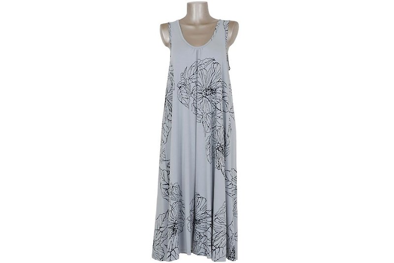 Hibiscus print Sleeveless Dress <gray> - ชุดเดรส - วัสดุอื่นๆ สีเทา