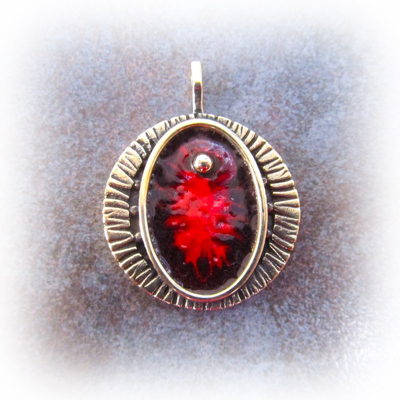 Handmade necklace charm with red enamel,Vintage Brass necklace pendant with red - 吊飾/掛飾 - 銅/黃銅 紅色