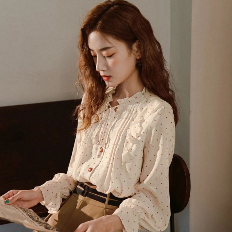 Annie Chen limited time 10% French Long Sleeve Chiffon shirt design sense of min - Women's Shirts - Polyester White