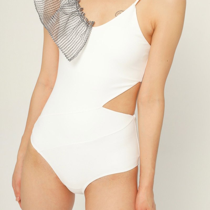 Elegant White and Black Textured Yarn One Piece Swimsuit - Women's Swimwear - Other Materials White