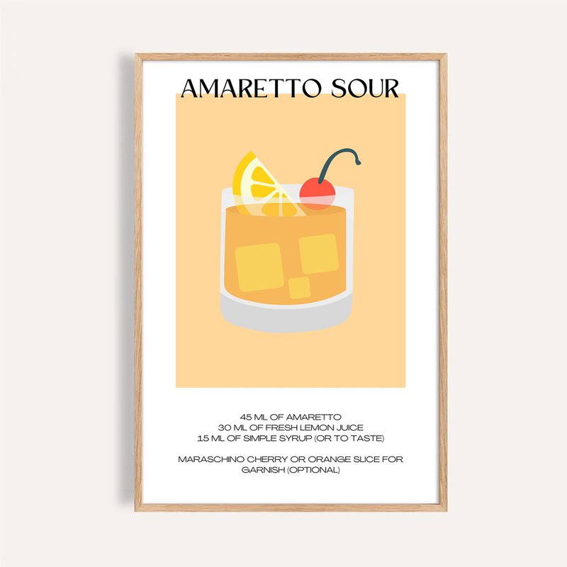 杏香酸酒 Amaretto Sour / 調酒藝術掛畫 酒吧海報 餐酒館裝飾畫 - 海報/掛畫/掛布 - 紙 