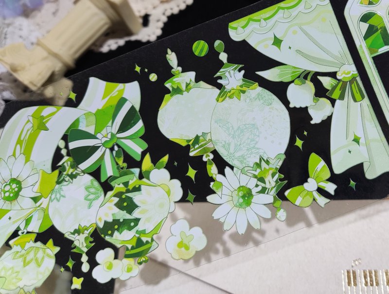 Dark green window PET tape 10 meters roll hand tent background collage Kuma bear mouth set - Washi Tape - Other Materials Multicolor