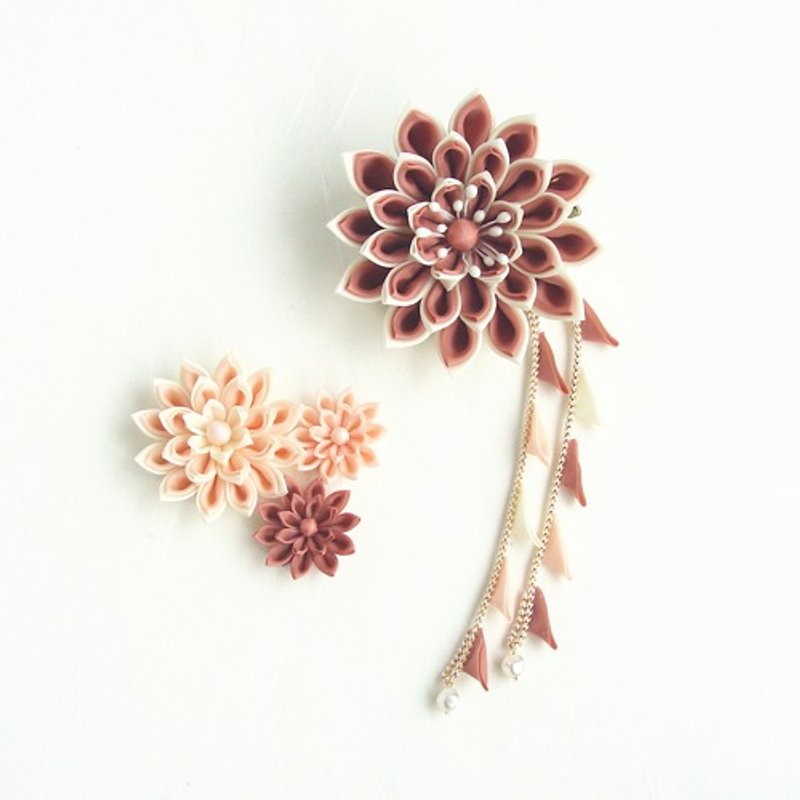 Hair ornament set, freely arranged, coral color, knob work - เครื่องประดับผม - ผ้าฝ้าย/ผ้าลินิน สึชมพู