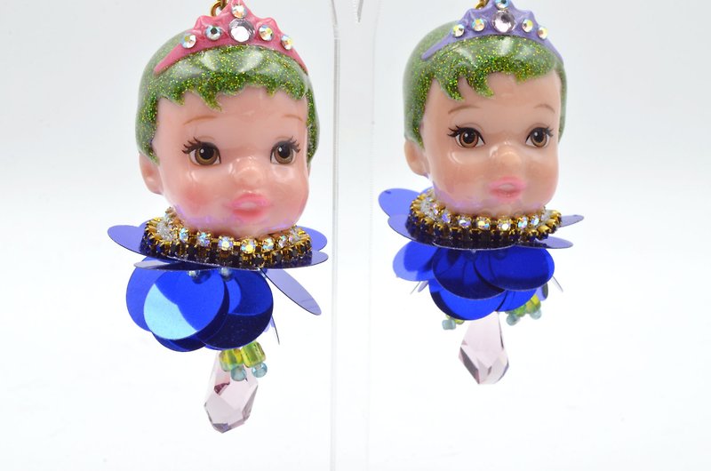 Handmade giant doll head bead earrings with oversized pink Swarovski crystals to be ordered by private message - Earrings & Clip-ons - Other Materials Multicolor