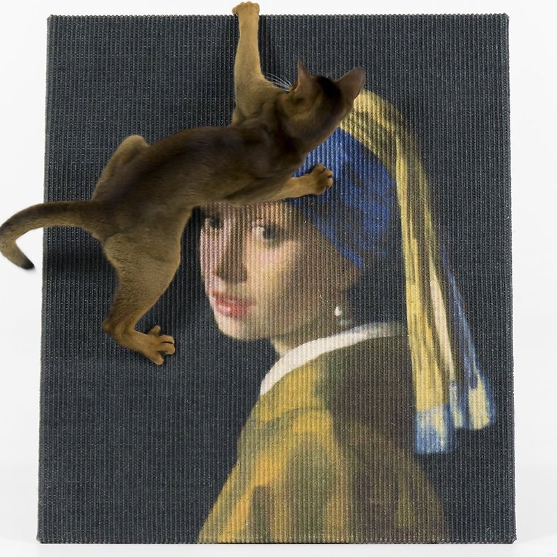Girl with a pearl earring art famous painting cat scratching board - อุปกรณ์แมว - ผ้าฝ้าย/ผ้าลินิน สีกากี