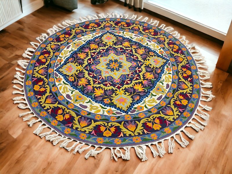 Indian Kashmir Hand Embroidered Oversized Silk Wool Round Rug 214x214 - Hippie - Items for Display - Silk Red