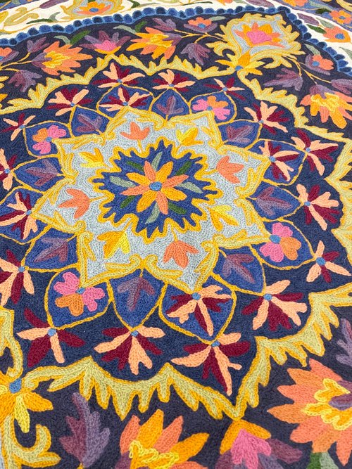 インド　カシミール　ウールラグ 大きめ インド カシミール手刺繍特大シルクウール ラウンド ラグ