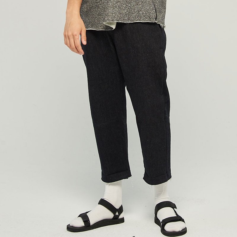 Stone@s Loose Fitting Cropped Jeans / tannin denim cropped elastic pants - Men's Pants - Cotton & Hemp Black