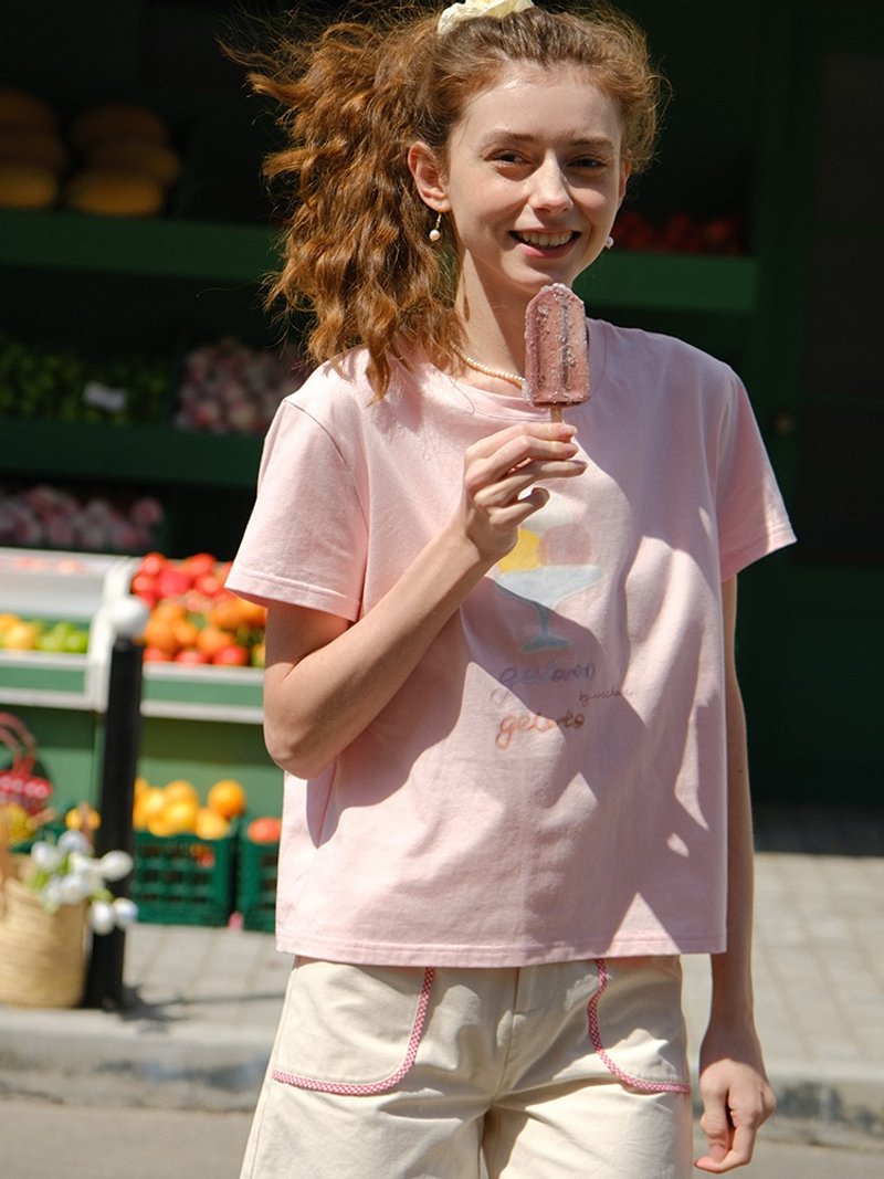 Mintcheese French girl summer ice cream hand-painted pattern loose tee - Women's T-Shirts - Cotton & Hemp Pink