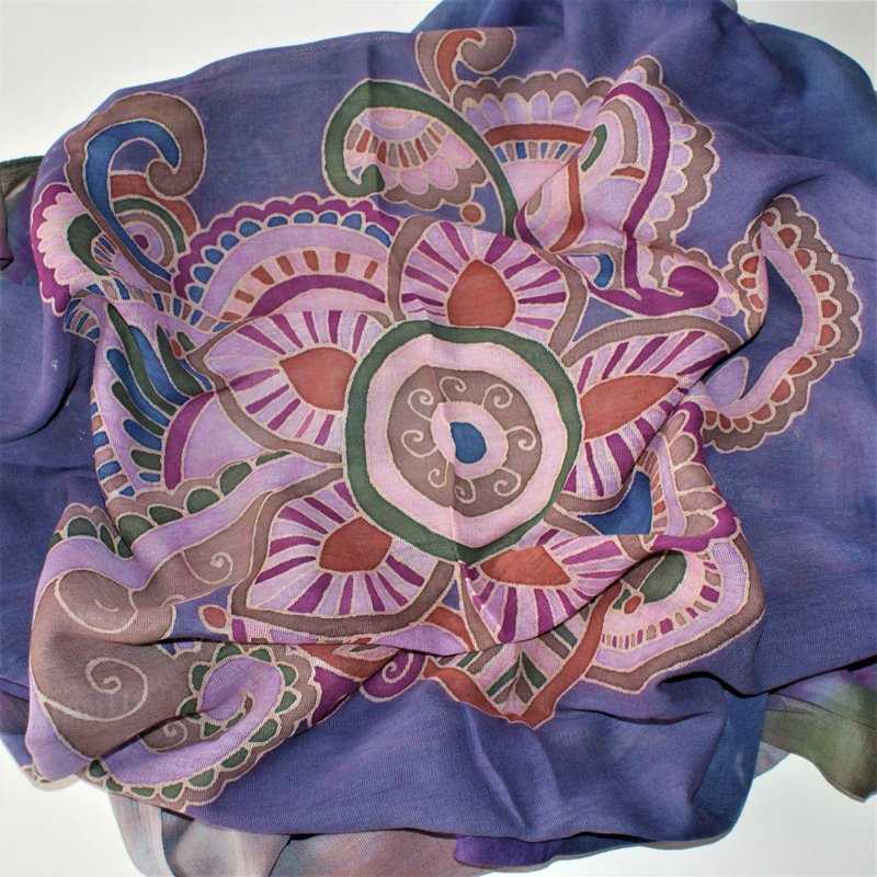 Long paisley scarf Pure cotton scarf for ladies Hand painted scarf - 絲巾 - 棉．麻 藍色