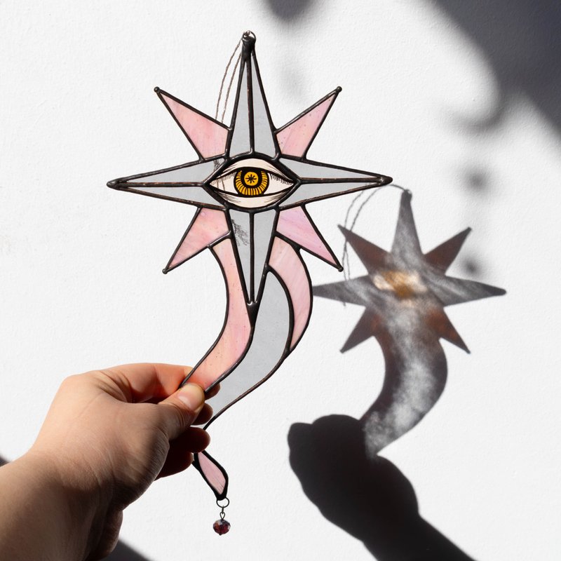 Pink and grey star, Stained glass ornament, Celestial home decor, Star Art - 壁貼/牆壁裝飾 - 玻璃 多色
