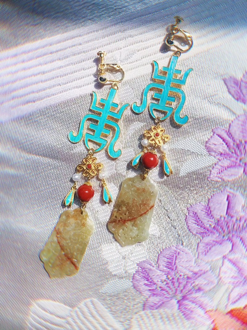 【文物複刻款】手工製作 銀鍍金點翠工藝 萬壽紋耳夾 可改耳環 - 耳環/耳夾/耳骨夾 - 銀 