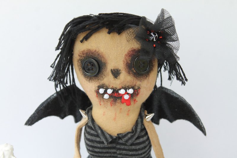 Halloween gift . Bat doll . Rag doll . Vampire Black Bat . Halloween . - Stuffed Dolls & Figurines - Cotton & Hemp Black