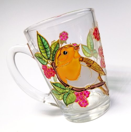 StekloCraft Bird coffee mug hand painted Raspberry tea cup personalised Cute present
