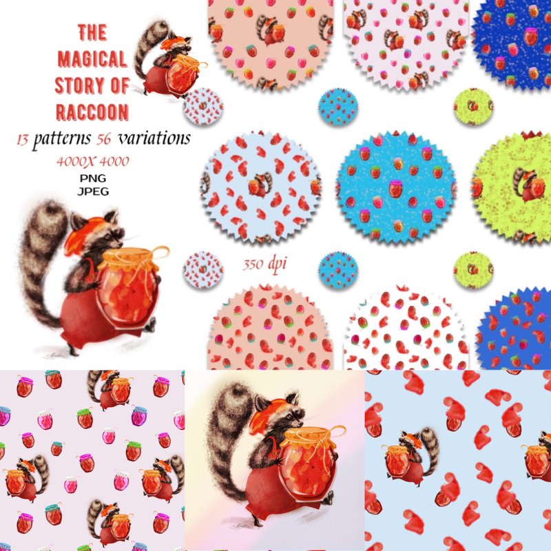 Pattern of images of a cute raccoon with jars of jam with flowers and ornament - Illustration, Painting & Calligraphy - Other Materials 