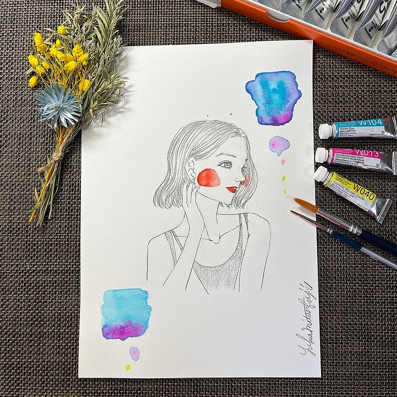 Original art #12 Watercolor and pencil drawing Flamed blue - Posters - Paper Purple