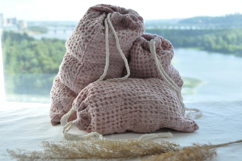 Zero waste waffle linen bag / Bags set / Reusable washable eco food storage - 束口袋/束口背包/水桶包 - 亞麻 粉紅色
