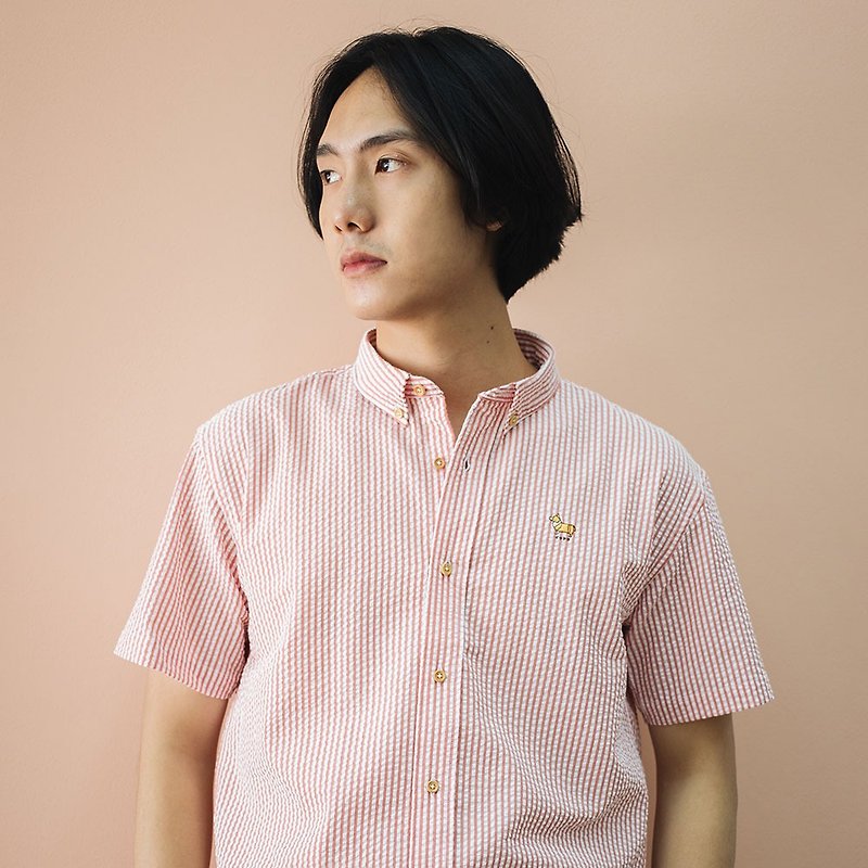 (SOLD) CORGI // red stripe // men short sleeves - 男裝 恤衫 - 棉．麻 紅色