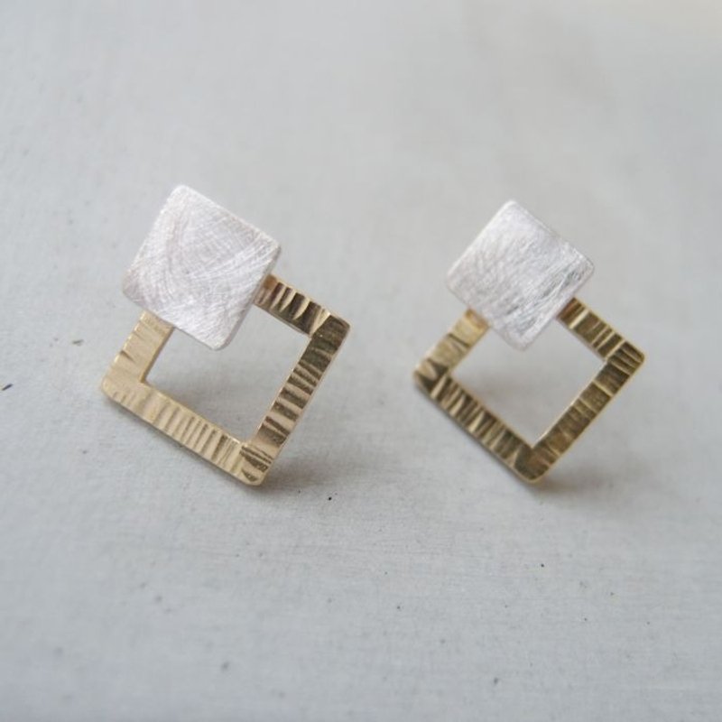 Geometric square bimetal earrings - ต่างหู - โลหะ 