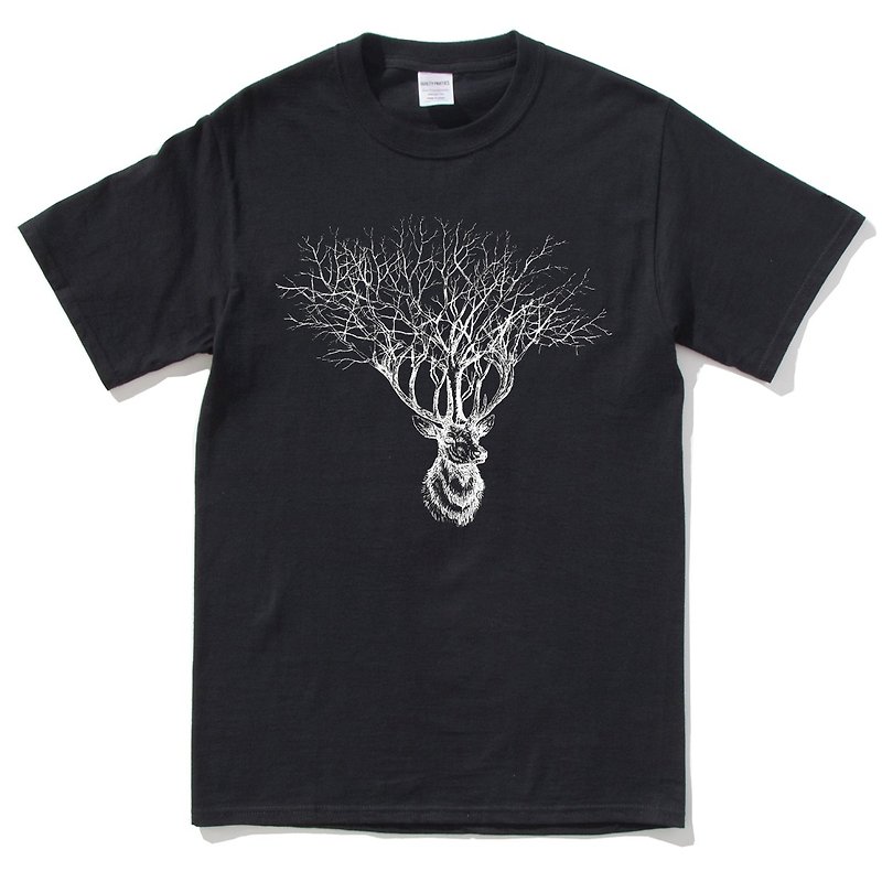 Deer Tree [spot] short-sleeved t-shirt black deer tree elk design Wenqing self-made brand animal - Men's T-Shirts & Tops - Cotton & Hemp Black