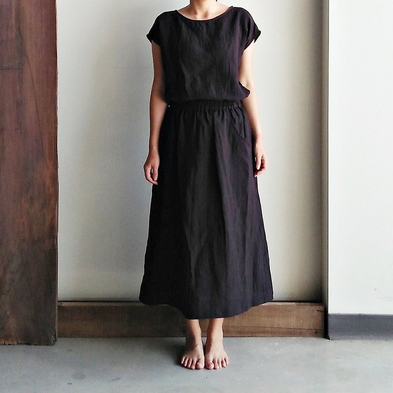 Small sleeves + slant pockets long skirt combination linen black - ชุดเดรส - ผ้าฝ้าย/ผ้าลินิน สีดำ