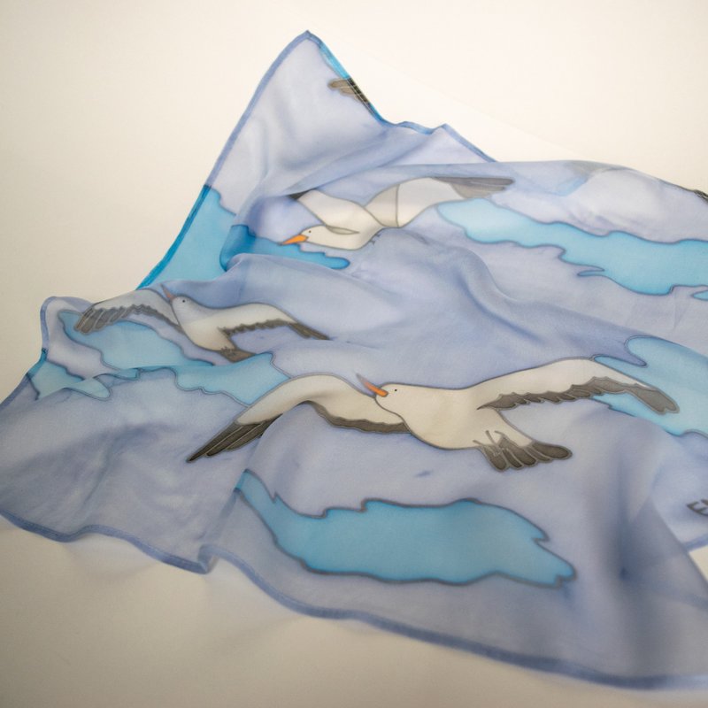 Small square silk scarf bird Pure silk hand painted scarf chiffon scarf blue - 絲巾 - 絲．絹 藍色
