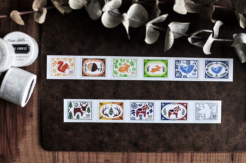 北歐森林郵票紙膠帶-動物/郵票/拼貼/手帳/3cm-特殊油墨-售完不補 - 紙膠帶 - 紙 多色