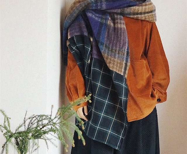 Purple orchid camel Brown grid Italy imported fluffy wool green grid cotton  pocket patchwork shawl scarf - Shop Time Ship Knit Scarves & Wraps - Pinkoi