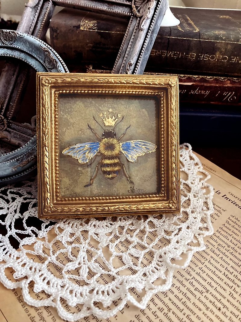 ミツバチの小さな絵-女王蜂1　 額縁,原画,アンティーク風,蜂 - 掛牆畫/海報 - 紙 黃色