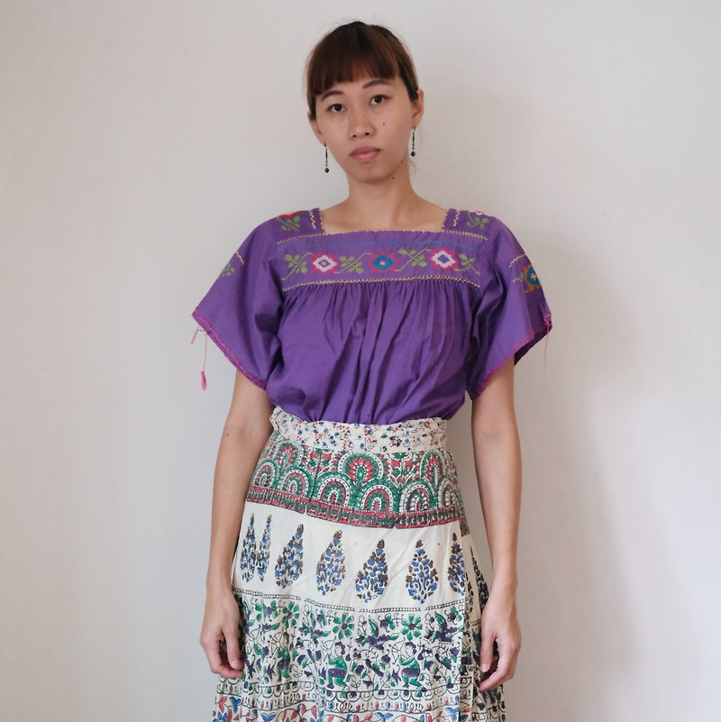 vintage mexican hand embroidered square neck top - เสื้อผู้หญิง - ผ้าฝ้าย/ผ้าลินิน 
