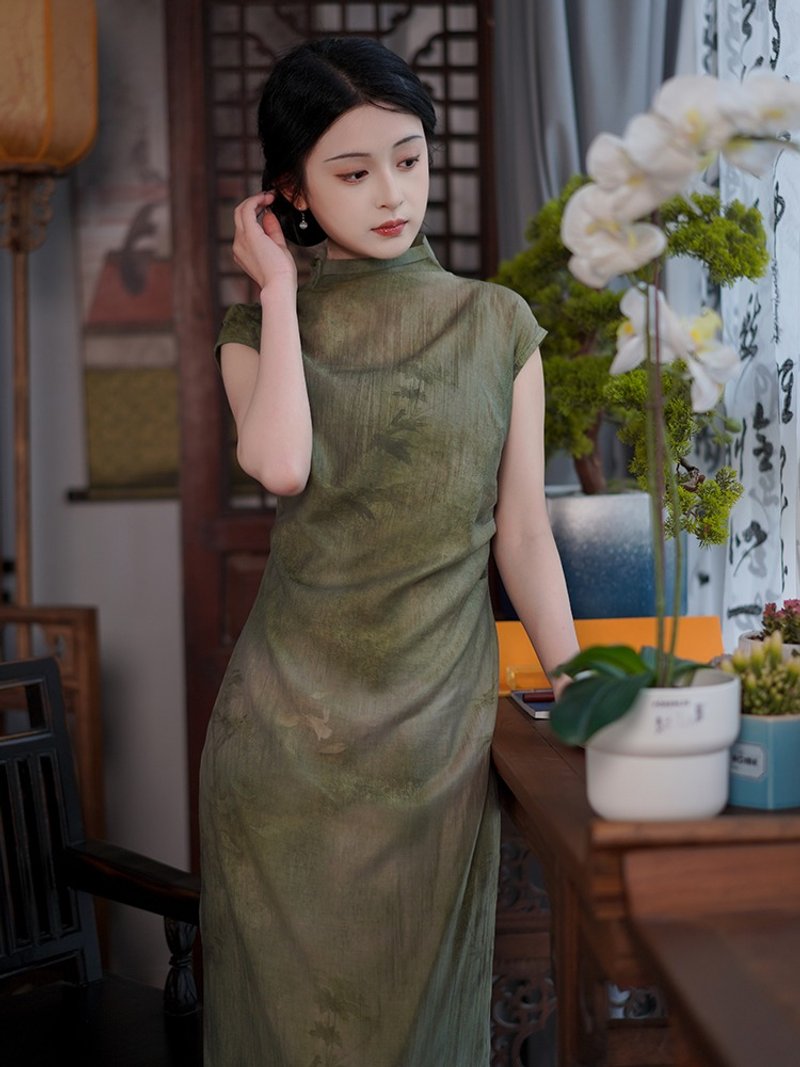 Linglong New Chinese Retro Improved Cheongsam Temperament Summer Long Sleeveless Dress Jacquard Elegant Cheongsam - กี่เพ้า - เส้นใยสังเคราะห์ สีเขียว